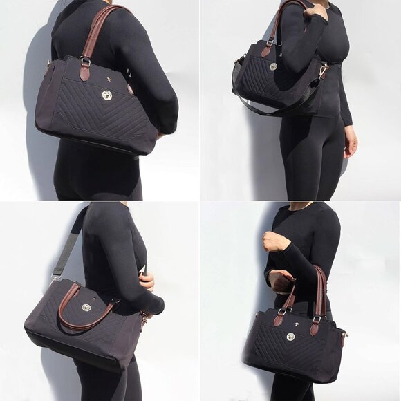 Stylish Black Nylon Leather Large Tote Crossbody Bag for Women with Multiple Poc - Picture 5 of 8